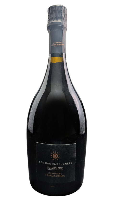 Les Hauts-Beugnets 2018 Extra Brut champagne bottle with a dark label and silver foil cap, displayed upright.