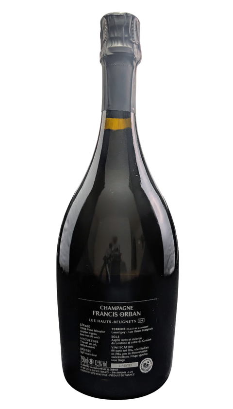 Les Hauts-Beugnets 2018 Extra Brut champagne bottle, black label with white text, showcasing the back view.