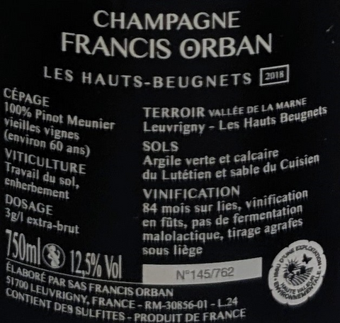 Champagne Francis Orban Les Hauts-Beugnets 2018 bottle label, featuring details on grape variety and vinification.