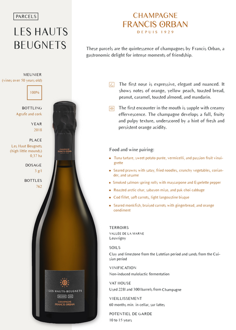 Les Hauts-Beugnets 2018 Extra Brut champagne bottle with a dark label and elegant design, set against a light background.