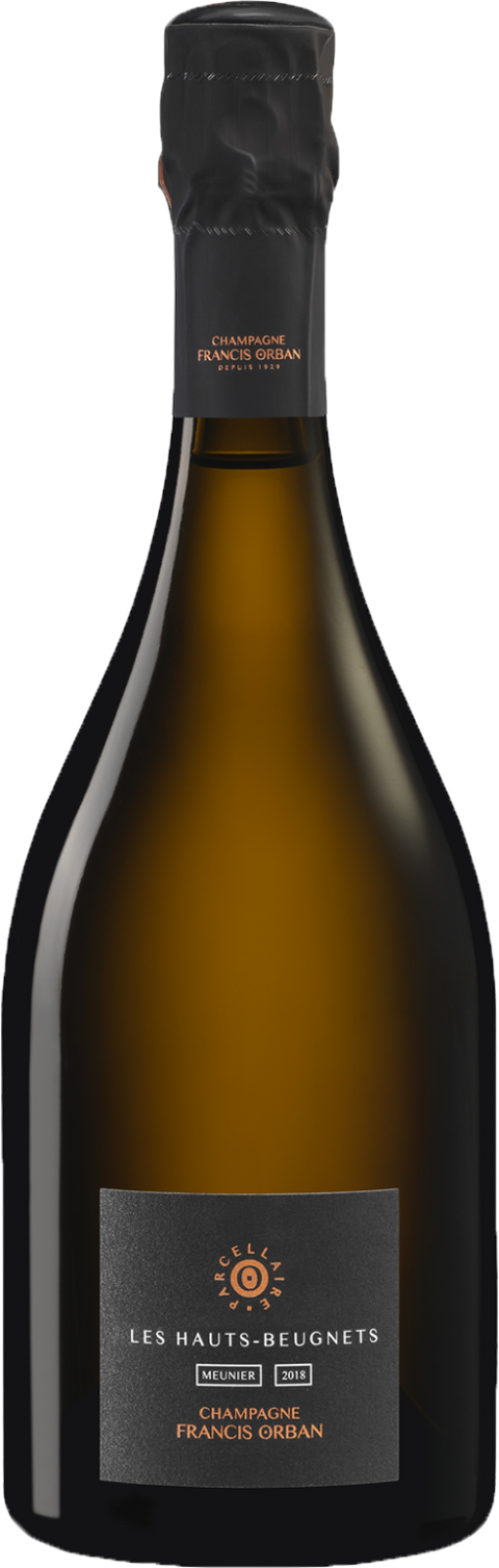 Les Hauts-Beugnets 2018 Extra Brut champagne bottle with a dark label and gold accents, displayed upright.